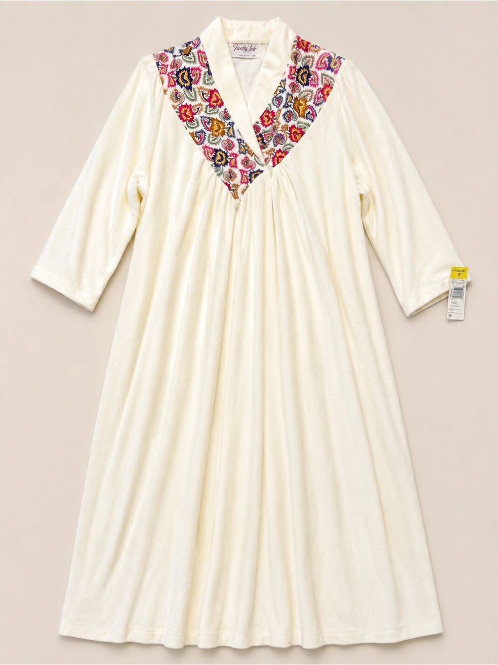 Vintage Vanity Fair M Ivory Floral Embroidered Long Robe Dressing Gown NWT USA